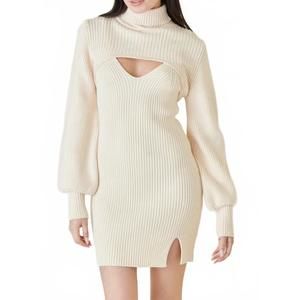 NEW FORE COLLECTION ribbed sweater knit set balloon sleeve shrug dress in white
